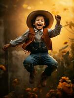 Mexican kid in emotional dynamic pose on autumn background AI Generative photo