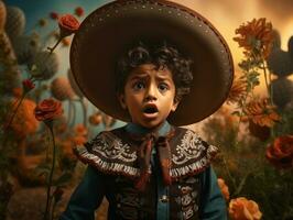 Mexican kid in emotional dynamic pose on autumn background AI Generative photo