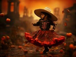 Mexican kid in emotional dynamic pose on autumn background AI Generative photo