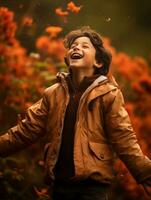 Mexican kid in emotional dynamic pose on autumn background AI Generative photo