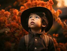 Mexican kid in emotional dynamic pose on autumn background AI Generative photo