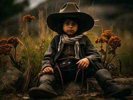 Mexican kid in emotional dynamic pose on autumn background AI Generative photo