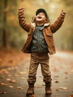 Mexican kid in emotional dynamic pose on autumn background AI Generative photo