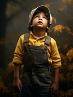 Mexican kid in emotional dynamic pose on autumn background AI Generative photo