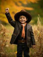 Mexican kid in emotional dynamic pose on autumn background AI Generative photo