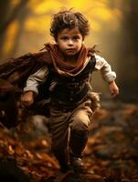 Mexican kid in emotional dynamic pose on autumn background AI Generative photo