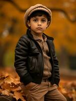 Mexican kid in emotional dynamic pose on autumn background AI Generative photo