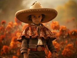 Mexican kid in emotional dynamic pose on autumn background AI Generative photo