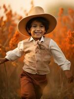 Mexican kid in emotional dynamic pose on autumn background AI Generative photo