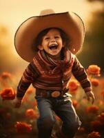 Mexican kid in emotional dynamic pose on autumn background AI Generative photo