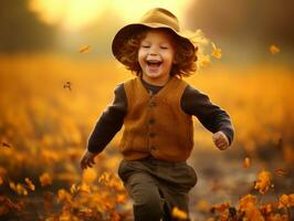 Mexican kid in emotional dynamic pose on autumn background AI Generative photo