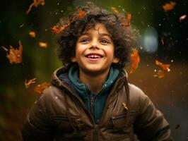 Mexican kid in emotional dynamic pose on autumn background AI Generative photo