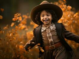 Mexican kid in emotional dynamic pose on autumn background AI Generative photo