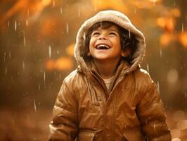 Mexican kid in emotional dynamic pose on autumn background AI Generative photo