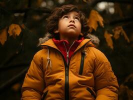 Mexican kid in emotional dynamic pose on autumn background AI Generative photo