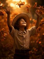 Mexican kid in emotional dynamic pose on autumn background AI Generative photo
