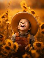 Mexican kid in emotional dynamic pose on autumn background AI Generative photo