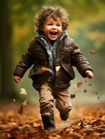 Mexican kid in emotional dynamic pose on autumn background AI Generative photo