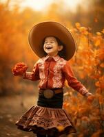 Mexican kid in emotional dynamic pose on autumn background AI Generative photo