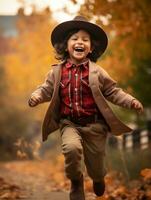 Mexican kid in emotional dynamic pose on autumn background AI Generative photo