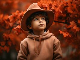 Mexican kid in emotional dynamic pose on autumn background AI Generative photo