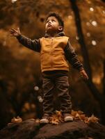 mexicano niño en emocional dinámica actitud en otoño antecedentes ai generativo foto