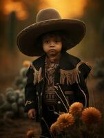 Mexican kid in emotional dynamic pose on autumn background AI Generative photo