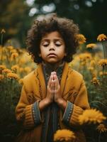 Mexican kid in emotional dynamic pose on autumn background AI Generative photo