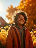 Mexican kid in emotional dynamic pose on autumn background AI Generative photo