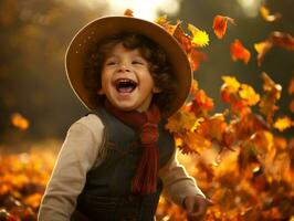 Mexican kid in emotional dynamic pose on autumn background AI Generative photo