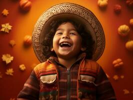 Mexican kid in emotional dynamic pose on autumn background AI Generative photo