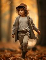 Mexican kid in emotional dynamic pose on autumn background AI Generative photo