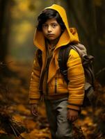 Mexican kid in emotional dynamic pose on autumn background AI Generative photo