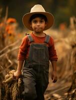 Mexican kid in emotional dynamic pose on autumn background AI Generative photo