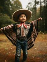 Mexican kid in emotional dynamic pose on autumn background AI Generative photo