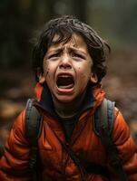 Mexican kid in emotional dynamic pose on autumn background AI Generative photo