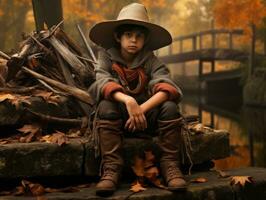 Mexican kid in emotional dynamic pose on autumn background AI Generative photo