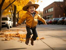 Mexican kid in emotional dynamic pose on autumn background AI Generative photo