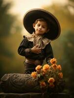 Mexican kid in emotional dynamic pose on autumn background AI Generative photo