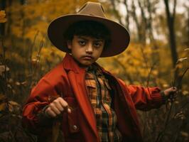 Mexican kid in emotional dynamic pose on autumn background AI Generative photo