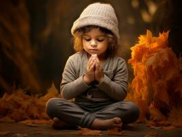 Mexican kid in emotional dynamic pose on autumn background AI Generative photo