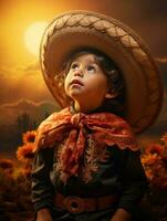 Mexican kid in emotional dynamic pose on autumn background AI Generative photo