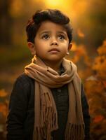 Mexican kid in emotional dynamic pose on autumn background AI Generative photo