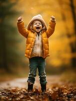 Mexican kid in emotional dynamic pose on autumn background AI Generative photo