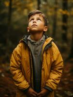 Mexican kid in emotional dynamic pose on autumn background AI Generative photo