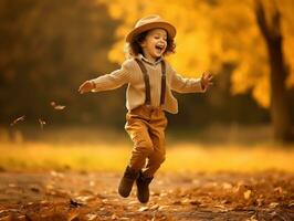 Mexican kid in emotional dynamic pose on autumn background AI Generative photo