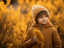 mexicano niño en emocional dinámica actitud en otoño antecedentes ai generativo foto