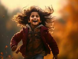 mexicano niño en emocional dinámica actitud en otoño antecedentes ai generativo foto