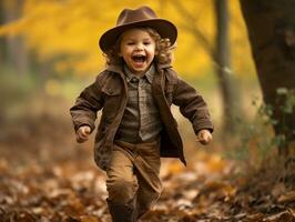 Mexican kid in emotional dynamic pose on autumn background AI Generative photo