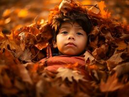 Mexican kid in emotional dynamic pose on autumn background AI Generative photo